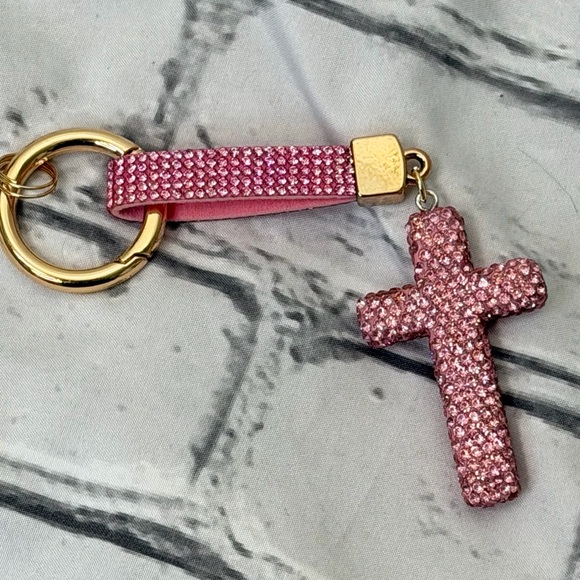 Pink Sparkly Rhinestone Cross Keychain - Picture 1 of 5